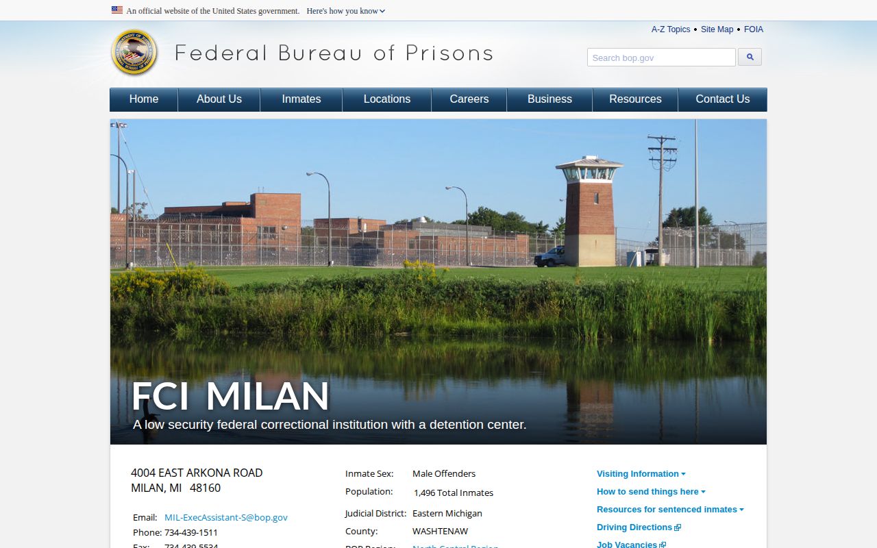Federal Correctional Institution Milan release information in Washtenaw County
