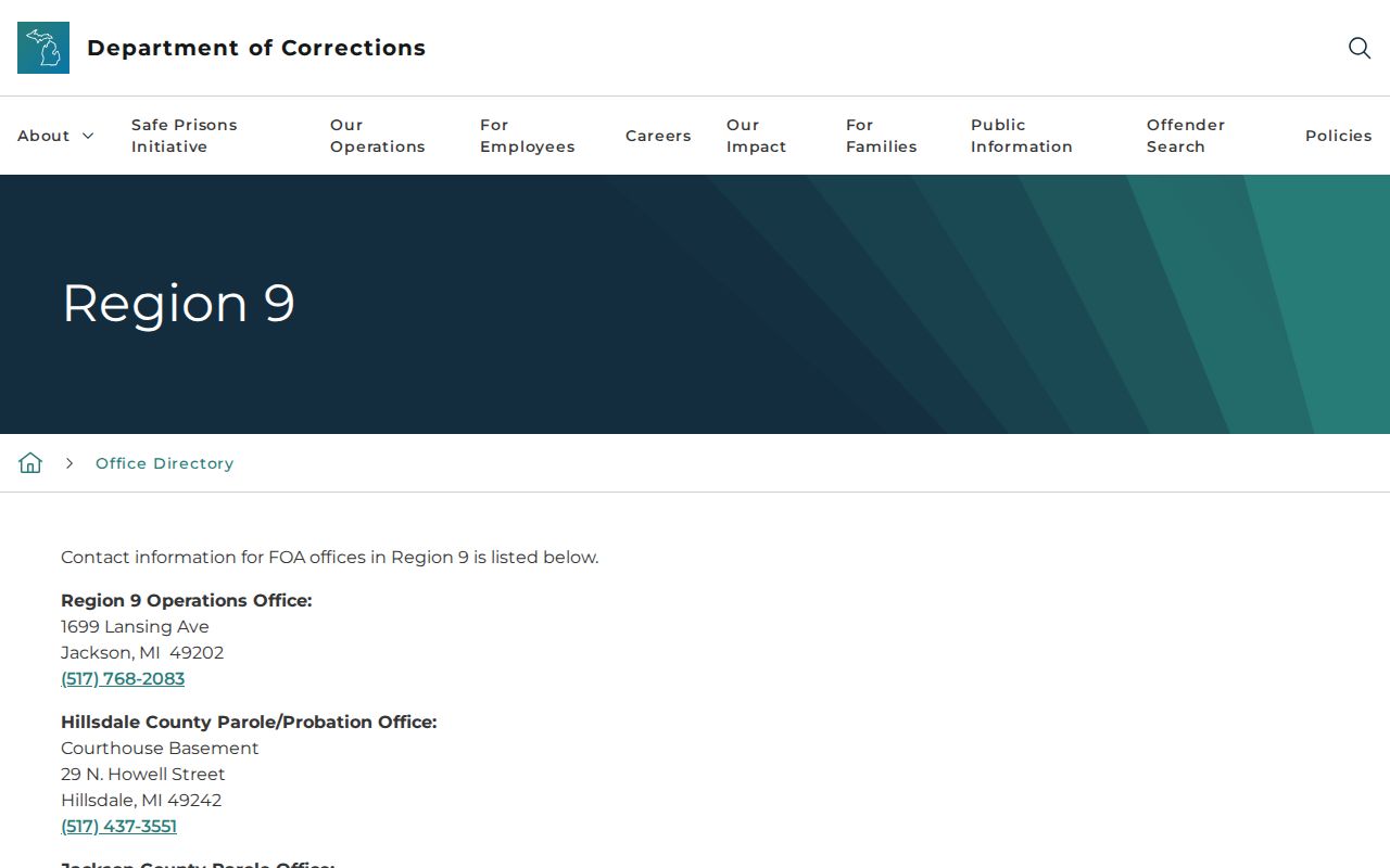 Washtenaw County parole and probation Region 9 office directory