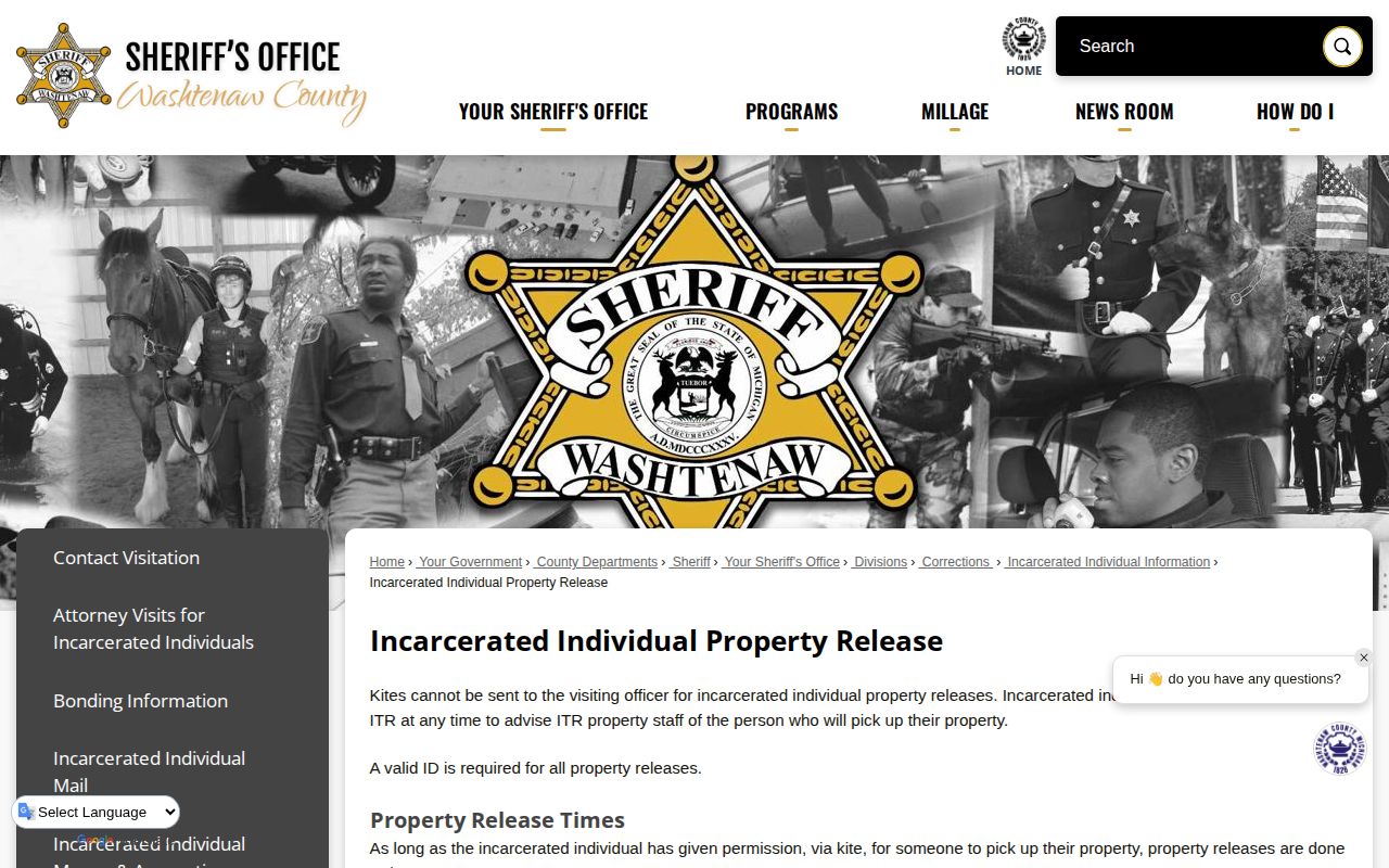 Washtenaw County released inmate property procedure