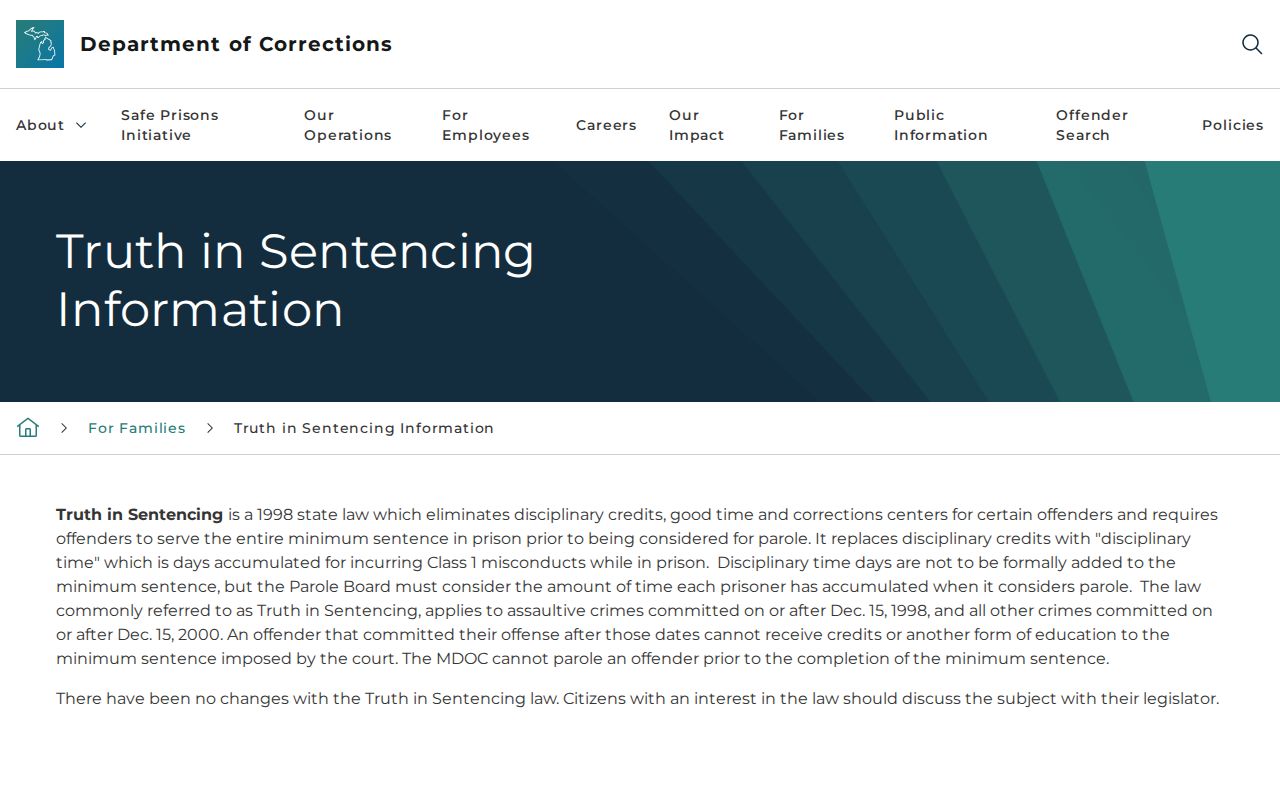 Michigan truth in sentencing rules for a Washtenaw County inmate release date